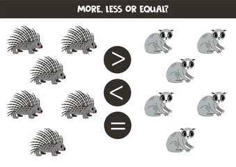 Grater, less or equal with cartoon slow lori and porcupine. - obrazy, fototapety, plakaty