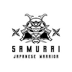 Samurai Warrior Mask Logo Helmet in vintage style black and white vector illustration