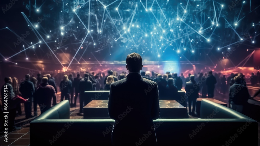 Poster businessman participating in a blockchain conference in a virtual event space, back view.