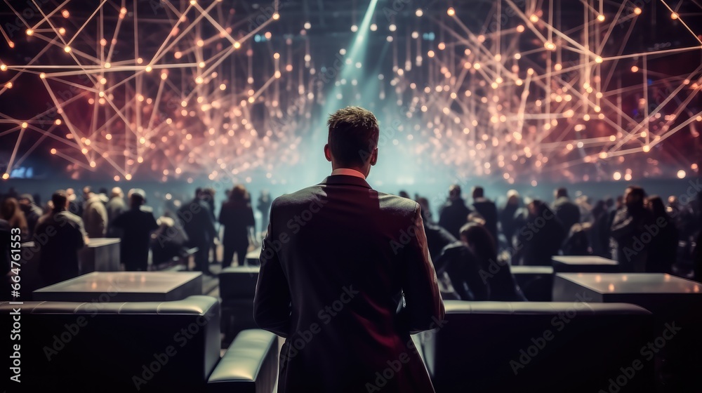 Poster Businessman participating in a blockchain conference in a virtual event space, back view.