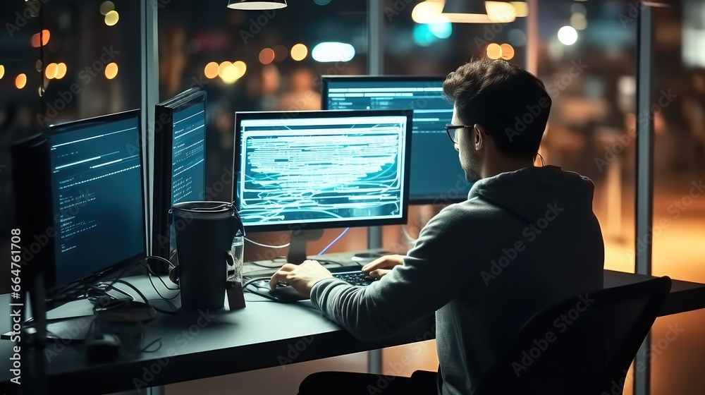 Aufkleber Programmer writing coding on laptop mockup screen for networking, malware or software at modern office.