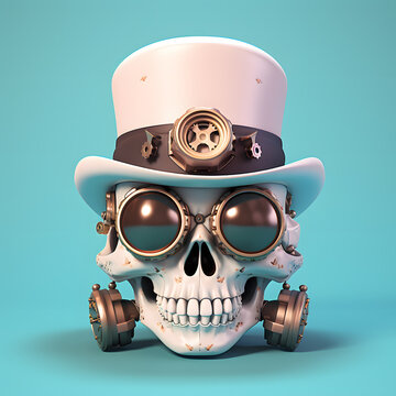 skull with flower frame cute cartoon in steampunk hat