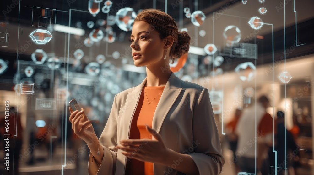 Fototapete Woman virtual marketplace where navigate through a 3D shopping environment, selecting products using augmented reality, Concept of online shopping experiences.