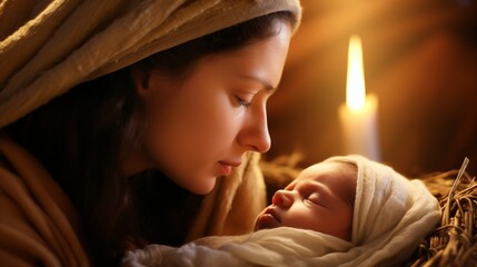 Nahaufnahme - Eine Mutter mit ihrem neugeborenen Baby im Stall, mit einer Kerze im Hintergrund - Maria und Jesus Christus in der Krippe - Weihnachtskonzept - obrazy, fototapety, plakaty