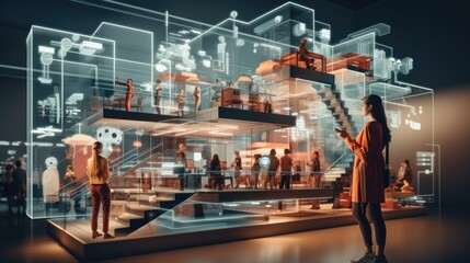 Woman virtual marketplace where navigate through a 3D shopping environment, selecting products using augmented reality, Concept of online shopping experiences.