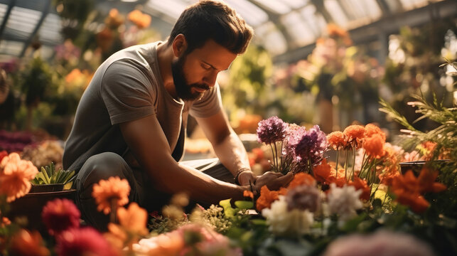 Man gardener meticulously arranging flowers in a botanical garden.