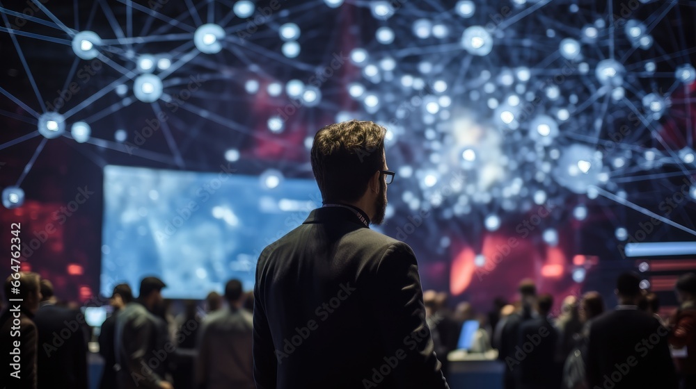 Poster technology and innovation concept, Businessman participating in a blockchain conference in a virtual event space.