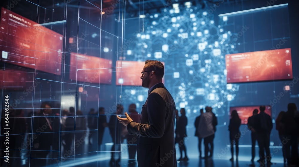 Aufkleber technology and innovation concept, Businessman participating in a blockchain conference in a virtual event space.