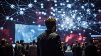 technology and innovation concept, Businessman participating in a blockchain conference in a virtual event space.