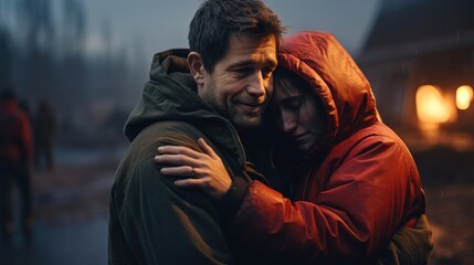 A Couple offering a comforting hug to console girlfriend on a winter.