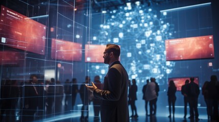 technology and innovation concept, Businessman participating in a blockchain conference in a virtual event space.