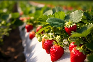 Bush of ripe organic strawberries in the garden. Berry closeup.