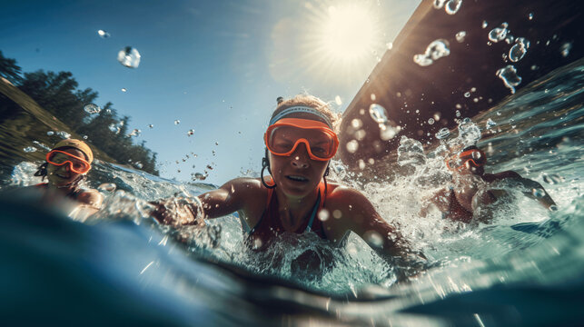 Underwater photo of two girls swimming in the pool with splashes