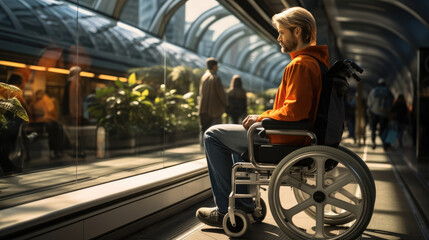 Fototapeta na wymiar Male disabled person sitting in a wheelchair are using A wheelchair-accessible public transportation system.