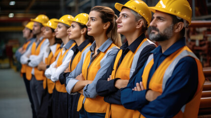 Confident lineup of factory worker, Engineer, Manager and foreman stand on-site within heavy industrial manufacturing factory. - obrazy, fototapety, plakaty