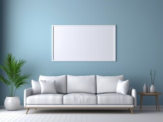 Fototapeta na wymiar White frame mockup on a blue wall with White couch generative ai