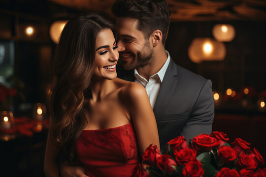 Happy young couple in love, celebrating birthday, anniversary or valentine day.