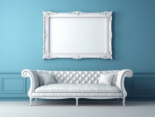 White frame mockup on a blue wall with White couch generative ai