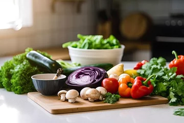 Foto op Canvas For cooking, fresh vegetables, green salad, peppers, mushrooms, and eggplant. © RABEYAAKTER