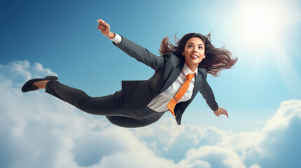 Young businesswoman or corporate employee flying
