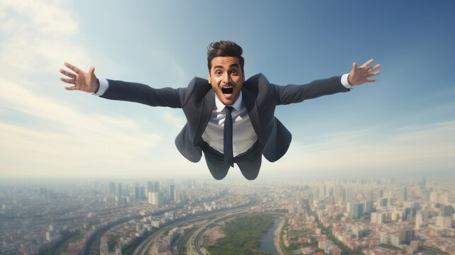 Young businessman or corporate employee flying