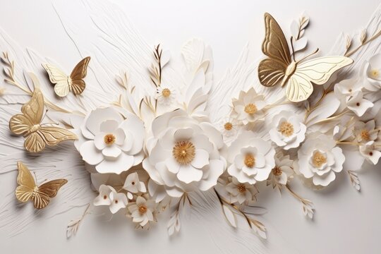 Fototapeta Goden butterflies with white flowers.