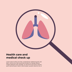 Medical Check Up. Magnifying glass through which the lungs are visible. Medical diagnosis of human. Flat vector banner illustration.