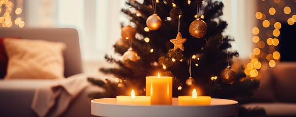Celebrating the Season: Close-up of a Graceful Christmas Tree and Golden Candles in a Chic Modern Living Area