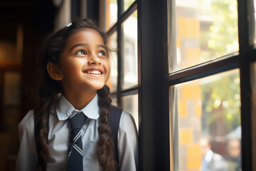 Cute little girl in school uniform, looking out of from window