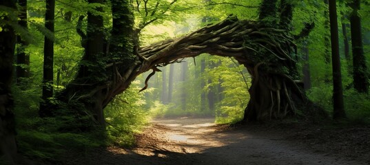 Natural archway shaped by branches in the forest