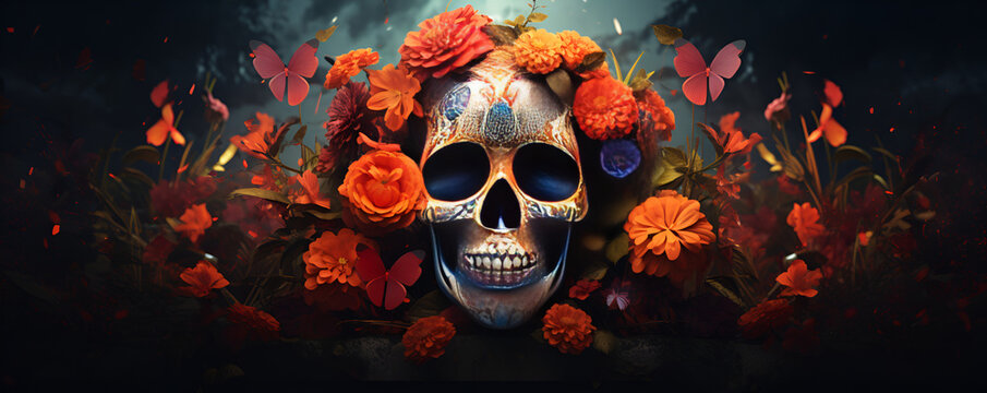 Skull with roses Human Skull in Beautiful Flowers Halloween images Day of the Dead Day of the Dead Celebrations: A Vibrant Cultural Tradition AI Generative 
 