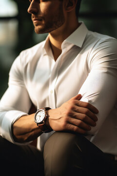 a man in a white shirt puts a watch on his hand, close-up