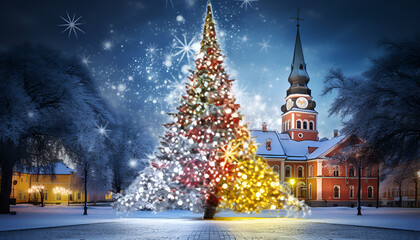 Fototapeta na wymiar Christmas city and new year festive decoration green tree illuminated snowy old town AI Generative 