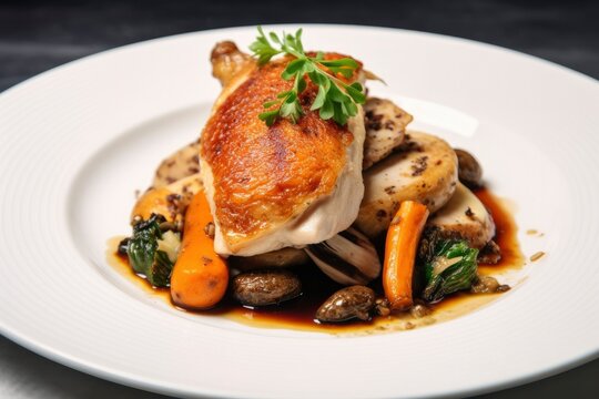 Plated chicken roast dinner on a white plate with carrot and morel mushroom.