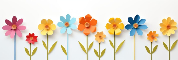 Horizontal Flowers Banner in Papercraft Style, Floral Background, Blooming Flowers and Leaves.