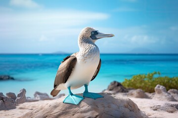 The rare blue-footed booby rests on the beach. - obrazy, fototapety, plakaty