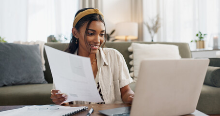 Woman, work from home and documents on laptop for online research, financial planning and data...