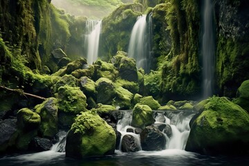 Waterfall landscape with rocks covered in green moss.