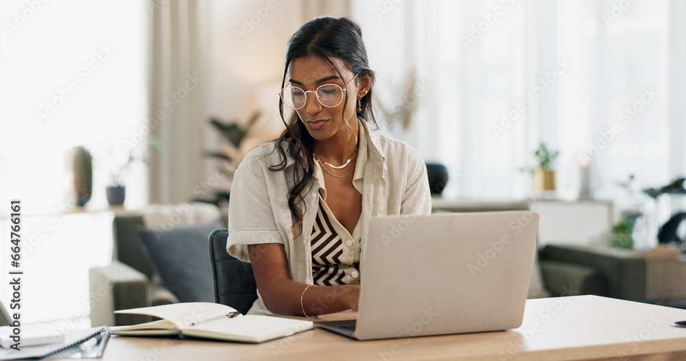 Canvas Prints Woman with laptop, notes and typing in home office planning freelance research project at desk. Computer, internet search and thinking, girl with glasses writing online article for remote work job.