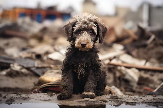 Alone wet and dirty Poodle after disaster on the background of house rubble. Neural network generated image. Not based on any actual scene.