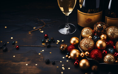 butelka szampana, wina musującego z kieliszkami na drewnianym stole w ozdobach świątecznych. - obrazy, fototapety, plakaty