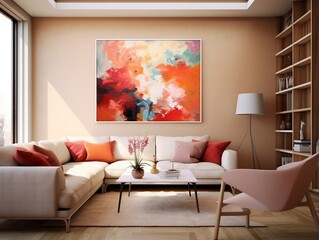 Modern living room with canvas painting and colorful furniture generative ai