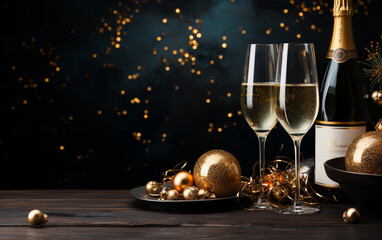 tło świąteczne, toast, kieliszki z szampanem, ozdoby świąteczne w kolorach złotym, srebrnym, drewniany stół - obrazy, fototapety, plakaty
