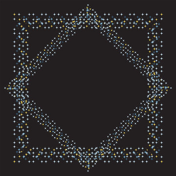 Double square frame of shiny stars on a black background. Sparkling frame, four-pointed stars. The center of the image is free. Frame for text, advertising, postcard.