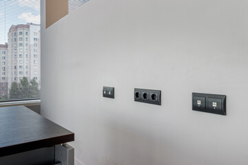 Wall outlet with different sockets. Multi panel, internet, tv or radio adapter socket - obrazy, fototapety, plakaty