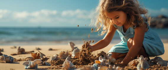 Kindheit am Meer: Kleines Kind spielt vergnügt mit Sand im Sommer