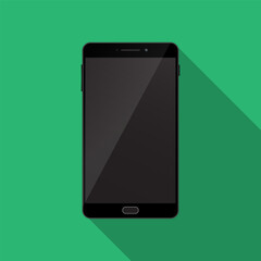 Black smartphone flat icon vector design with long shadow,isolated on green background.
