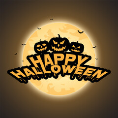 Happy halloween vector lettering design with full moon and flying bats on the night sky.
