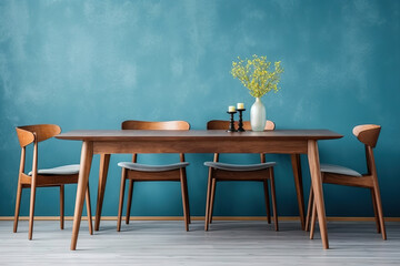 Wooden table and chairs against blue wall. Mid-century style interior design of modern dining room