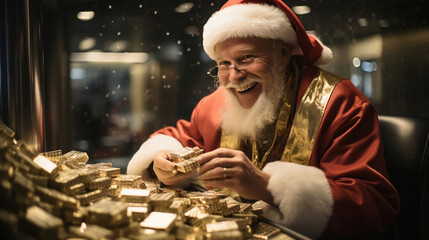 Santa Claus is counting money - obrazy, fototapety, plakaty